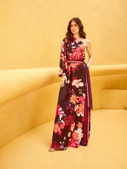 MANDIRA WIRK - Maroon Cameo Floral One-Shoulder Dress (Set of 2)