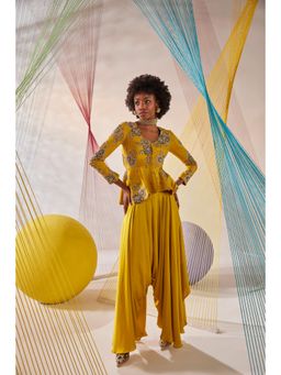 Anu Pellakuru - Mustard Suhana Embroidered Peplum Top with Pant (Set of 2)