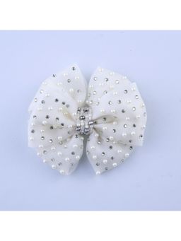 Choko - Satin Double Bow Hairclip with Pearl and Rhinestone Embellishments - White