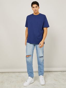 Styli - Navy Blue Basic Crew Neck Cotton Oversized T-Shirt