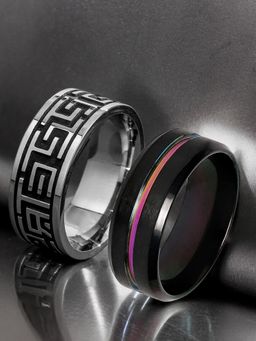 OOMPH - Combo Of 2 Black and Silver Stainless Steel Ring Bands for Men