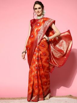 Akhilam - Womens Silk Blend Orange Woven Design Designer Saree with Unstitched Blouse