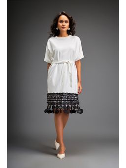 Deepika Arora - White Knee Length Dress with Belt (Set of 2)