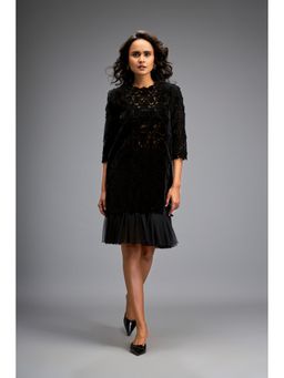 Deepika Arora - Black Self Design Velvet Knee Length Dress