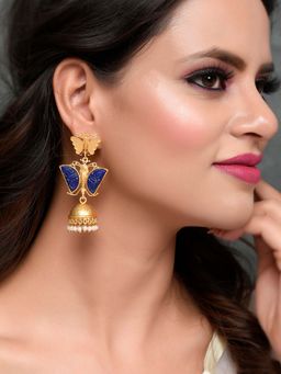 Silvermerc Designs - Gold Plated Blue Stone Studded Butterfly Design Drop Earrings