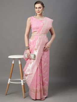 Akhilam - Womens Cotton Silk Pink Woven Design Saree with Unstitched Blouse