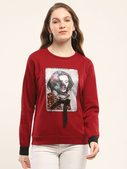 Monte Carlo - Women Printed Maroon Round Neck Full Sleeve Sweatshirt