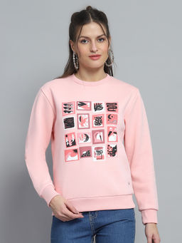 Monte Carlo - Women Print Pink Round Neck Full Sleeve Sweatshirt