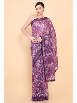 Soch - Women Purple Cotton Printed Saree with Unstitched Blouse