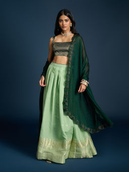 Gajra Gang - Green Brocade Semi-Stitched Lehenga Blouse & Dupatta Diwalicious (Set of 3)