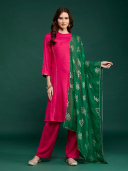 Gajra Gang - Fuchsia Embellished Kurta, Pant & Printed Dupatta Trousseau Tijori (Set of 3)