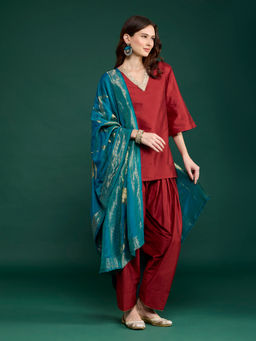 Gajra Gang - Maroon Embellished Kurta Farshi Salwar & Brocade Dupatta Nani's Almari (Set of 3)