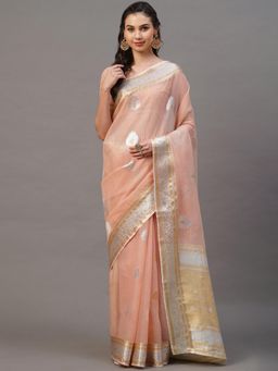 Akhilam - Peach Festive Silk Blend Woven Design Saree with Unstitched
