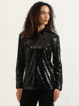 United Colors of Benetton - Black Spread Collar Embellished Shirt