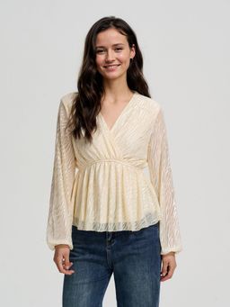 Outzidr - Beige Street Wear V Neck Peplum Blouse