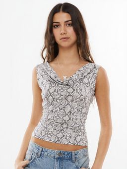 Outzidr - Grey Cowl Neck Animal Print Street Style Top