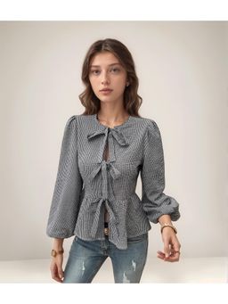 Outzidr - Front Bow Tie Up Black Peplum Top