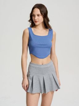 Outzidr - Blue Curved Hem Cropped Street Style Top