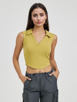 Outzidr - Yellow Collar V Neck Crop Street Style Top