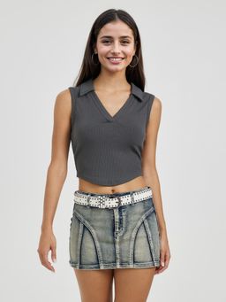 Outzidr - Grey Collar V Neck Crop Street Style Top