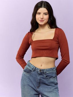 Outzidr - Solid Brown Square Neck CropStreet Style Top
