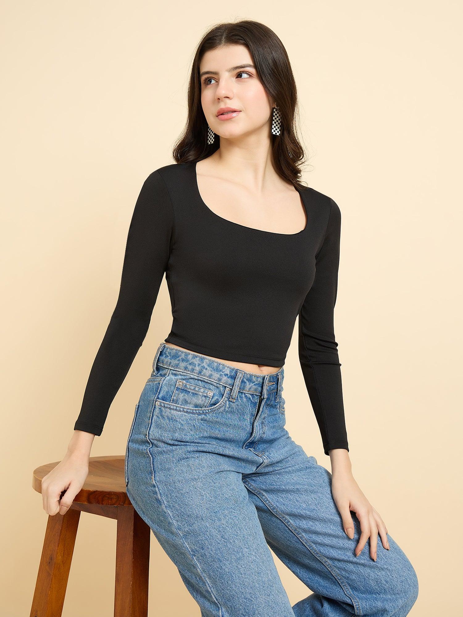 Buy Outzidr Black Solid Square Neck Street Style Top Online