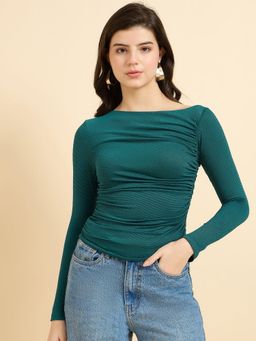 Outzidr - Teal Solid Full Sleeves Street Style Top