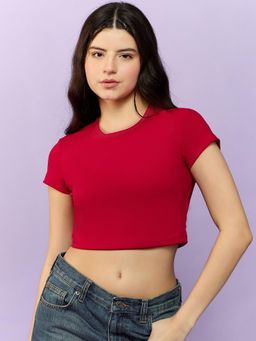 Outzidr - Red Basic Fitted Crop Street Style Top
