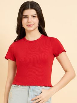 Outzidr - Red Cotton Scallop Hem Ribbed Street Style Top