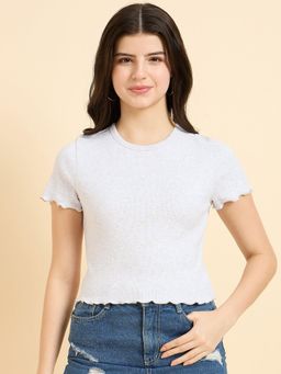 Outzidr - Grey Cotton Scallop Hem Ribbed Street Style Top