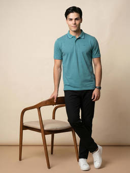 Peter England - Men Blue Solid Polo Neck Polo T-Shirt