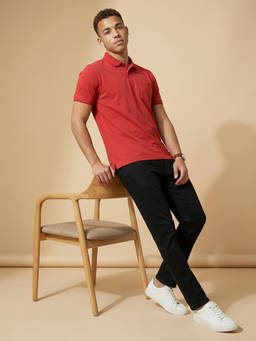 Peter England - Men Red Solid Collar Neck Polo T-Shirts