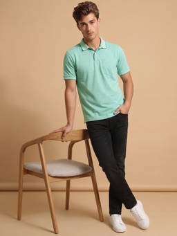Peter England - Men Blue Solid Collar Neck Polo T-Shirts