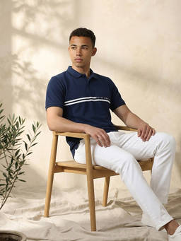 Peter England - Men Blue Solid Polo Neck T-Shirt