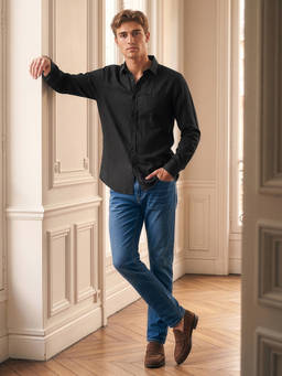 Peter England - Men Black Slim Fit Solid Full Sleeves Casual Shirt