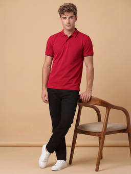 Peter England - Men Red Solid Collar Neck Polo T-Shirt