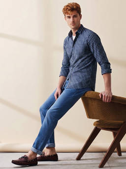 Peter England - Men Navy Slim Fit Check Full Sleeves Casual Shirt