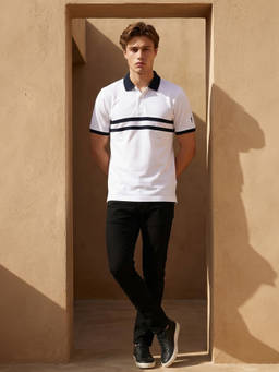 Peter England - Men White Stripes Polo Neck T-shirt