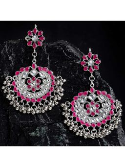 Karatcart - Antique Ruby Red Kundan Studded Oxidised Silver Handcrafted Chandbali Earrings for Women