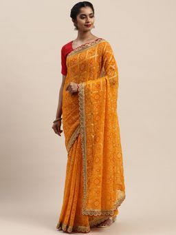 Vastranand - Mustard & Maroon Printed Bandhani Saree with Unstitched Blouse