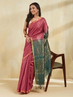 Fabindia - Green Silk Blend Woven Saree