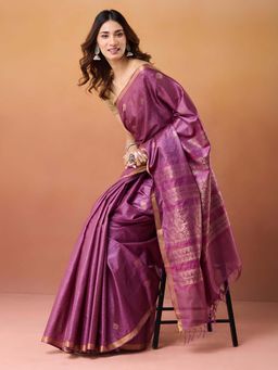 Fabindia - Wine Silk Blend Woven Saree