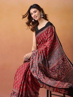 Fabindia - Maroon Viscose Blend Printed Saree