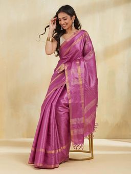 Fabindia - Pink Silk Blend Woven Saree