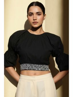 CUSTARD - Black Cotton Embroidered Crop Top