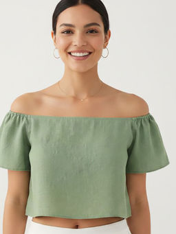 CUSTARD - Green Cotton Solid Crop Top