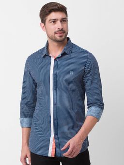 Spykar - Navy Blue Cotton Full Sleeve Stripes Shirt for Men