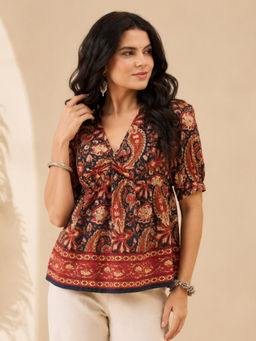 WineRed - Navy Blue Women Yoke Twisted Peplum Top