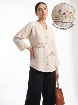ZNKL - Beige Women Pure Cotton Embroidered Hand Embroidery V-Neck Regular Fit Top