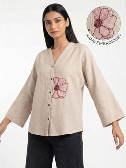 ZNKL - Beige Women Pure Cotton Embroidered Hand Embroidery V-Neck Regular Fit Top